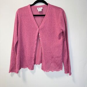 K Studio Vintage Berry Pink‎ Lettuce Edge Button Front Knit Cardigan Sweater 10
